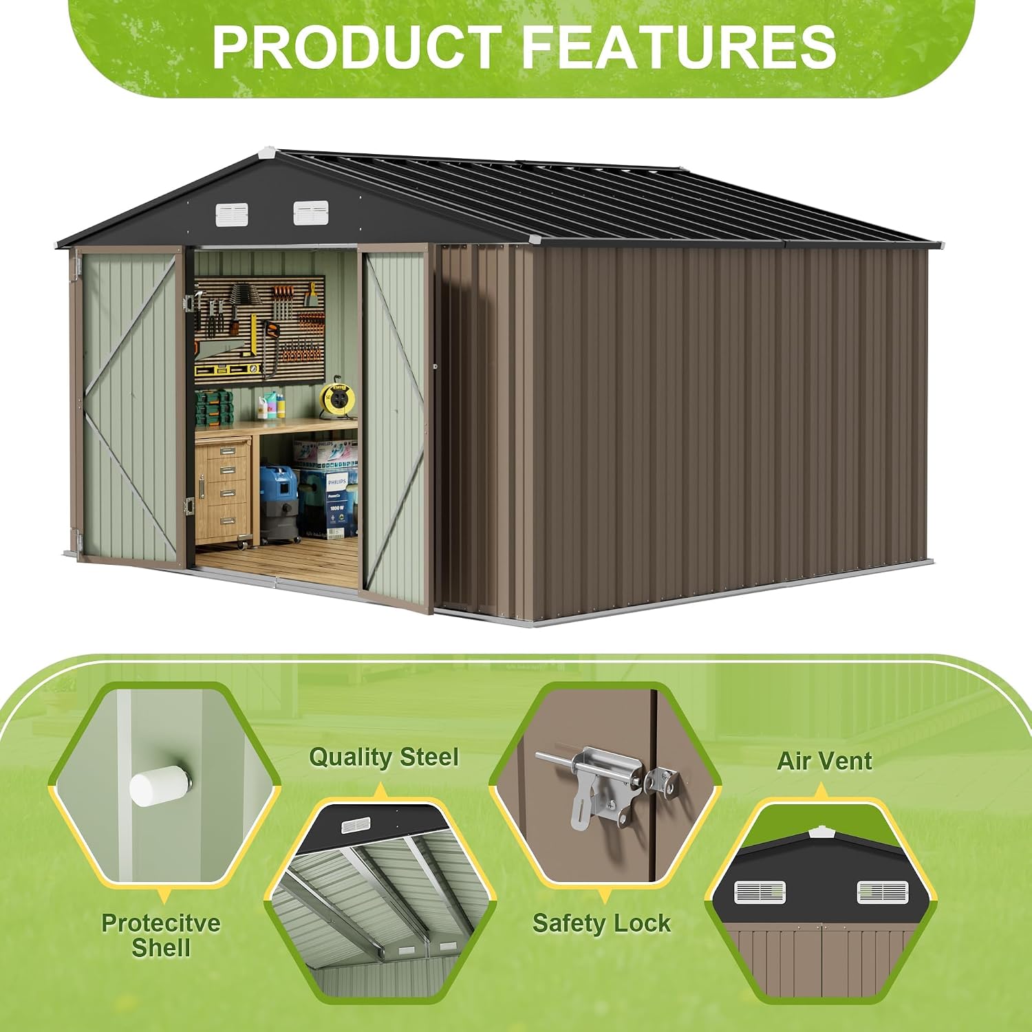 Brown Large Metal Outdoor Storage Shed