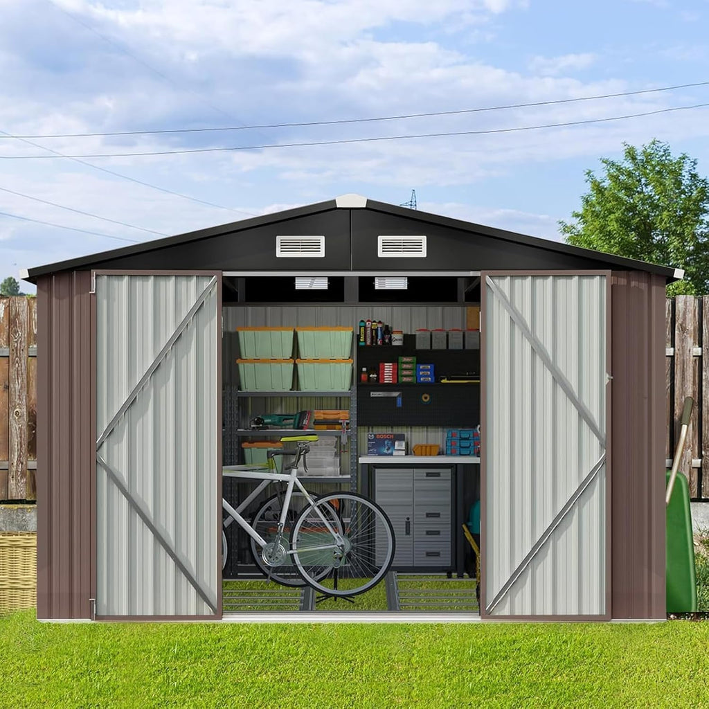 Brown Metal Lockable Outdoor Storage Shed