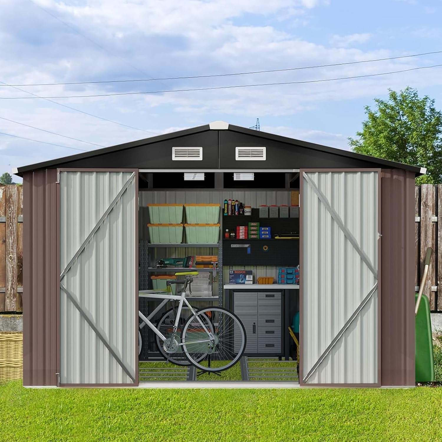 Brown Metal Lockable Outdoor Storage Shed