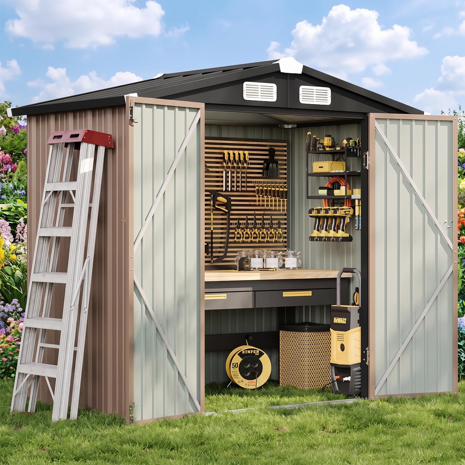 Brown Metal Lockable Outdoor Storage Shed