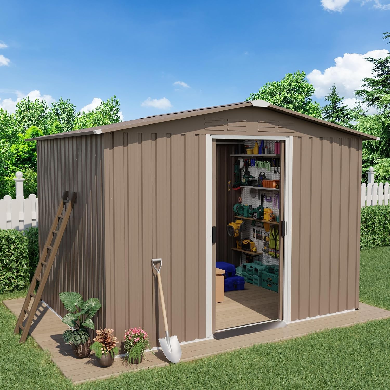Brown Metal Sliding Door Storage Shed
