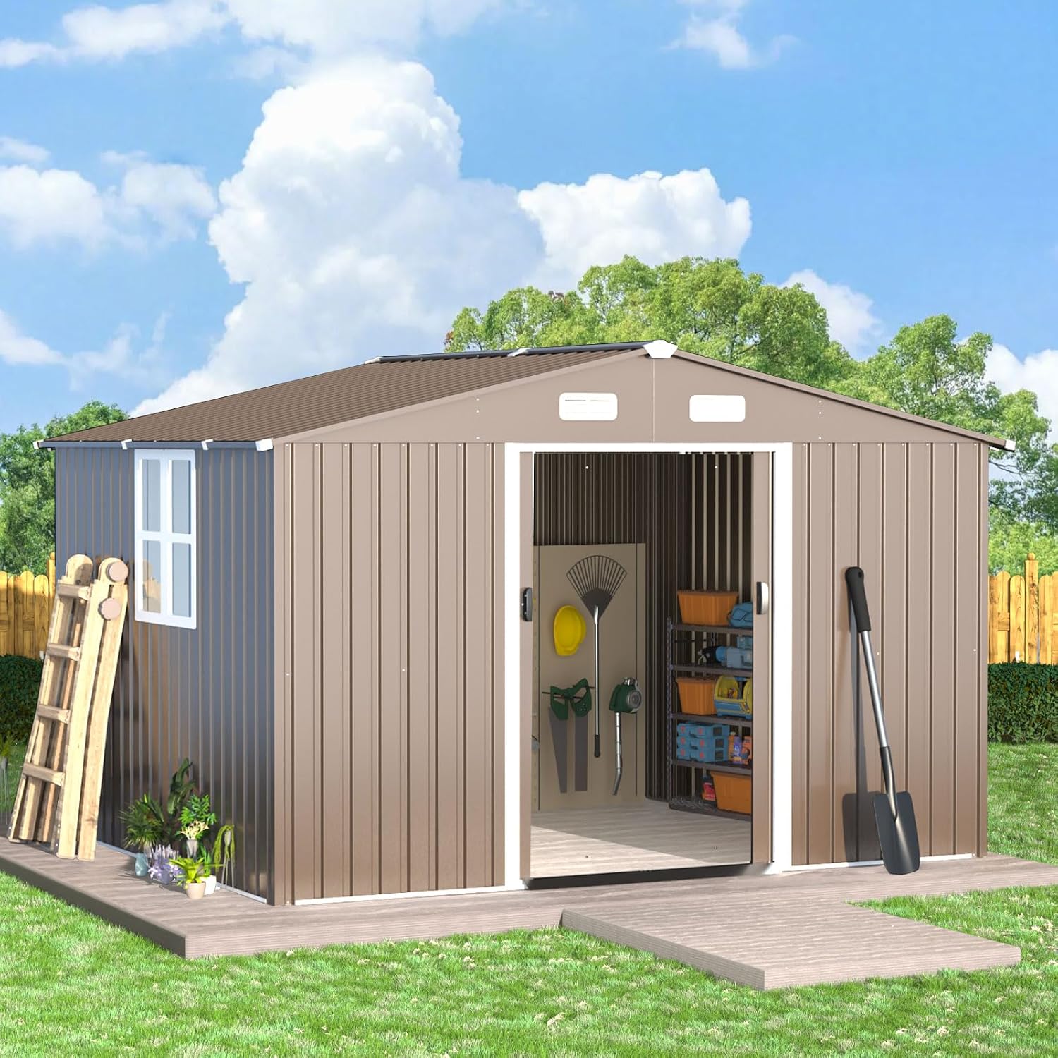 Brown Metal Sliding Door Storage Shed