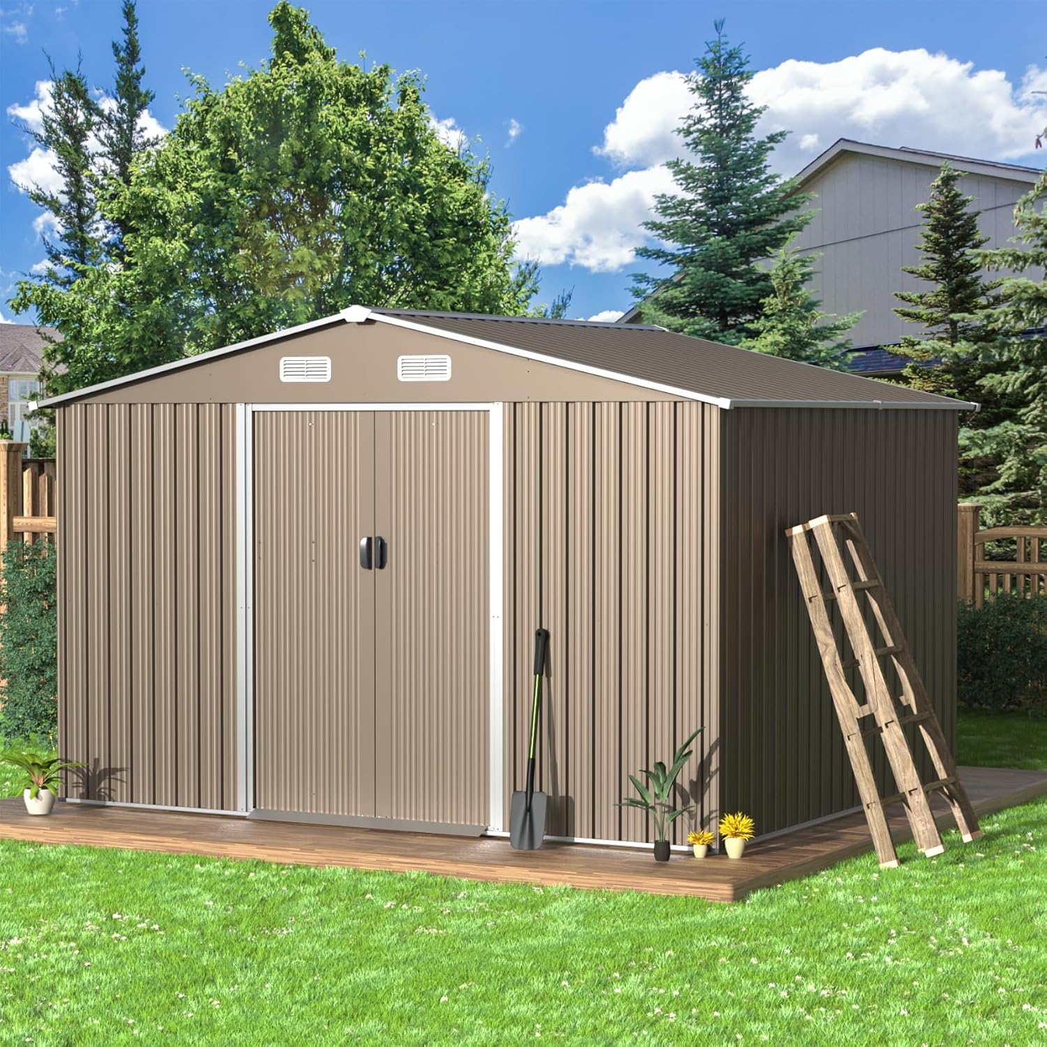 Brown Metal Sliding Door Storage Shed