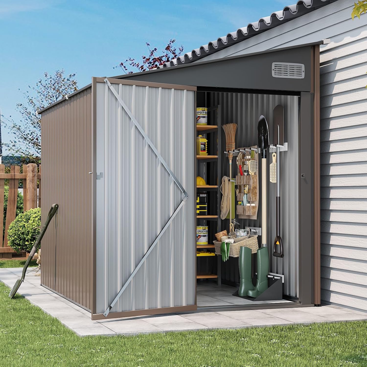 Brown Metal Lockable Outdoor Storage Shed