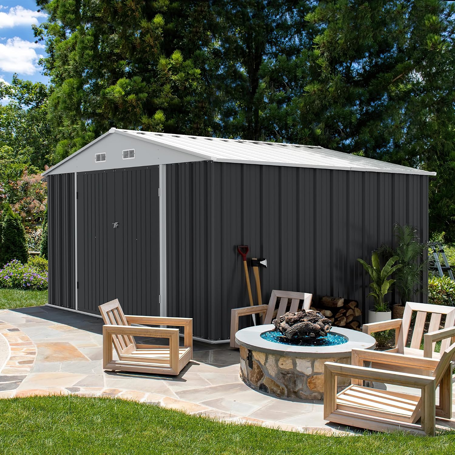 Gray Metal Lockable Outdoor Storage Shed