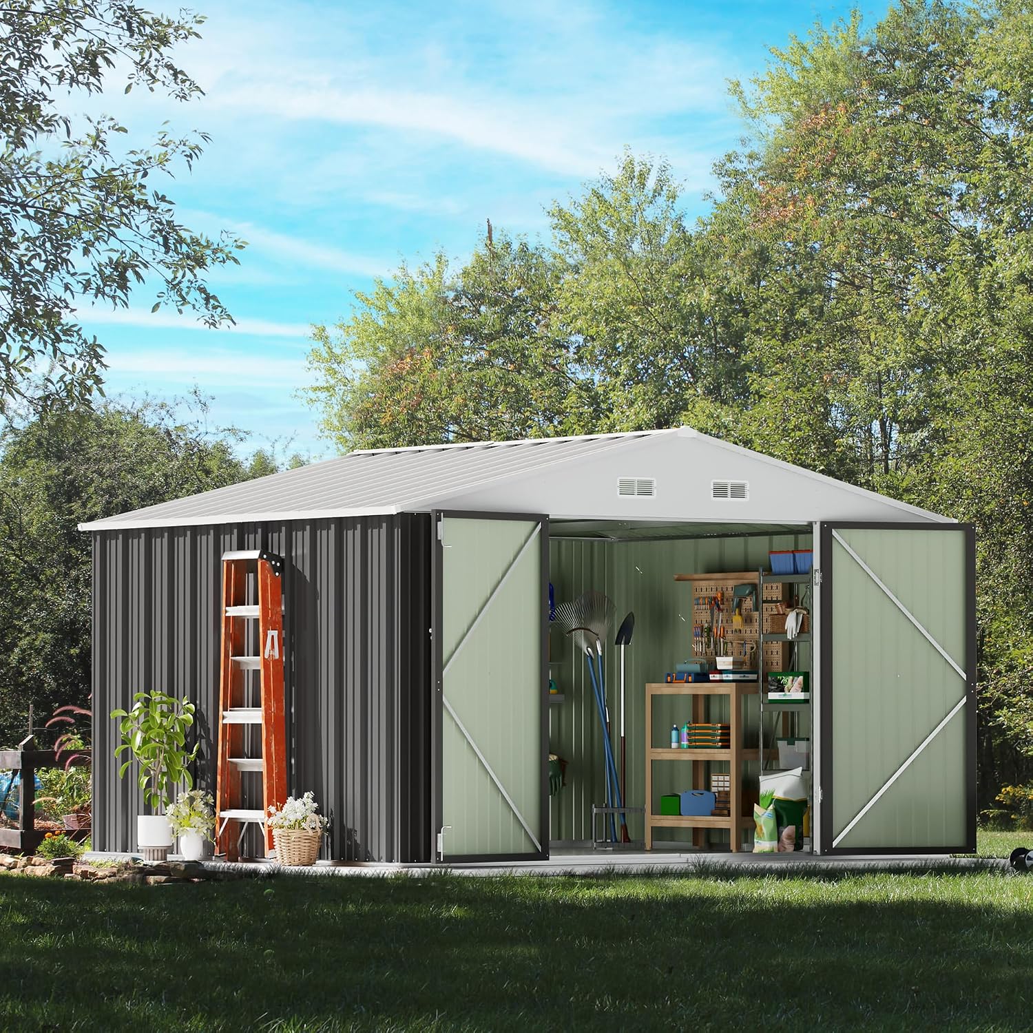 Gray Metal Lockable Outdoor Storage Shed