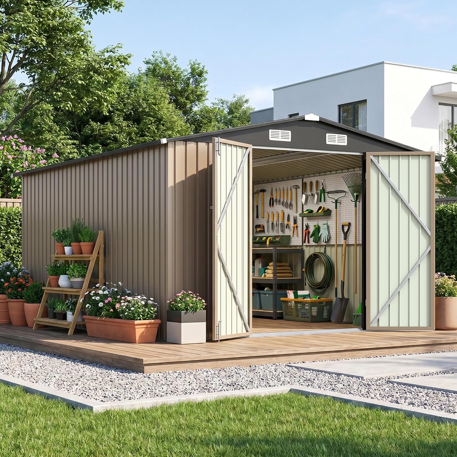 Brown Metal Lockable Storage Shed
